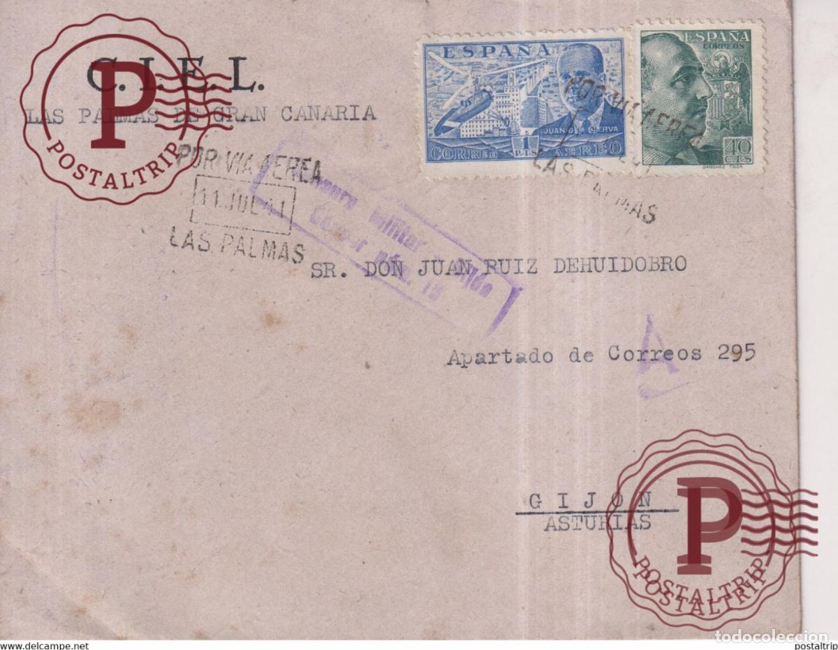 Sellos: CENSURAMILITAR 1941 POR VIA AEREA LAS PALMAS DE GRAN CANARIAS A GIJIN ASTURIAS