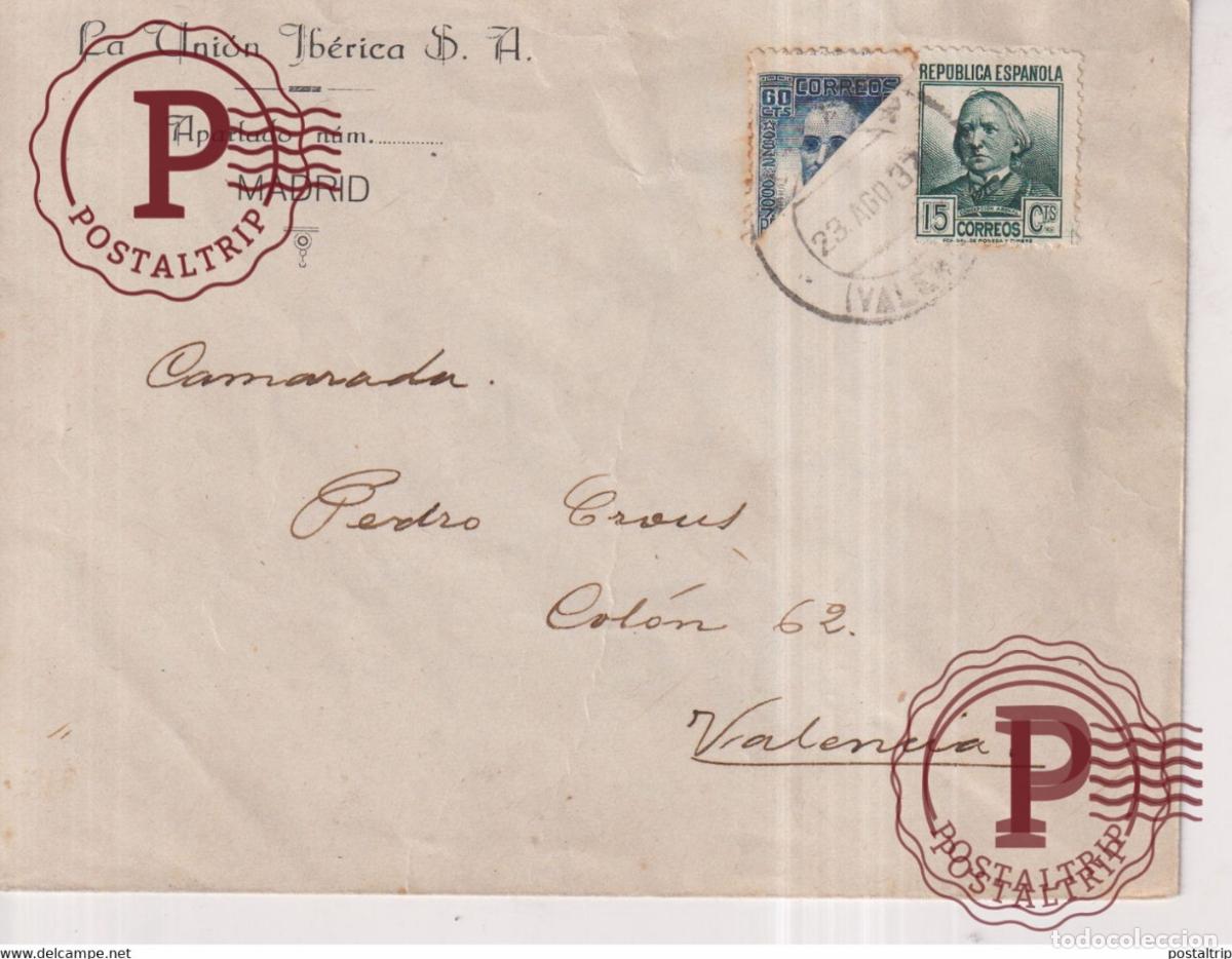 Sellos: 1937 VALENCIA LA UNION IBERICA S A MADRID GUERRA CIVIL
