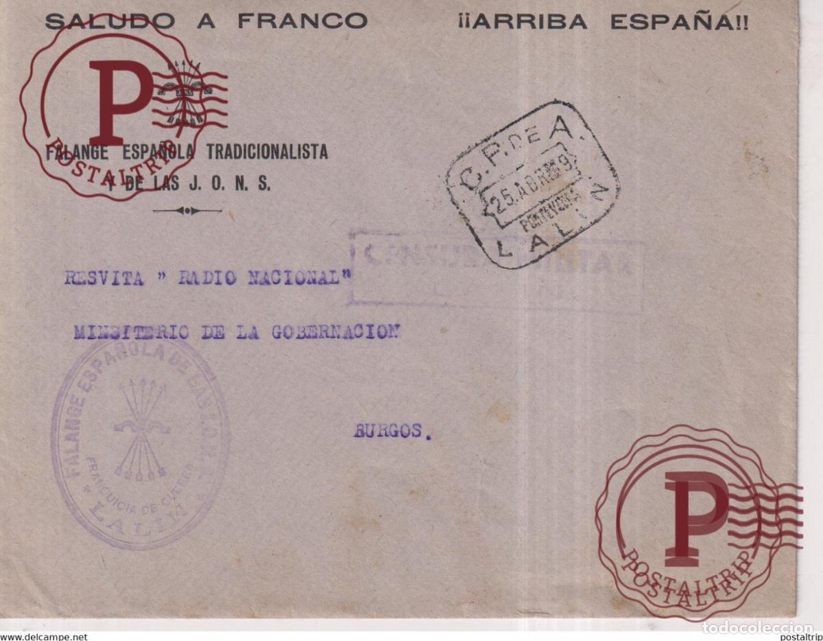 Sellos: CENSURA MILITAR FALANGE ESPA&Ntilde;OLA LALIN 1939 PONTEVEDRA GUERRA CIVIL