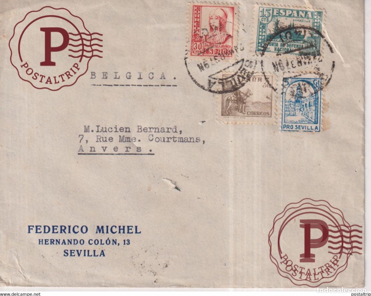 Sellos: CENSURA MILITAR SEVILLA A BELGICA ANVERS ANTWERPEN 1937 FEDERICO MICHEL PRO SEVILLA GUERRA CIVIL