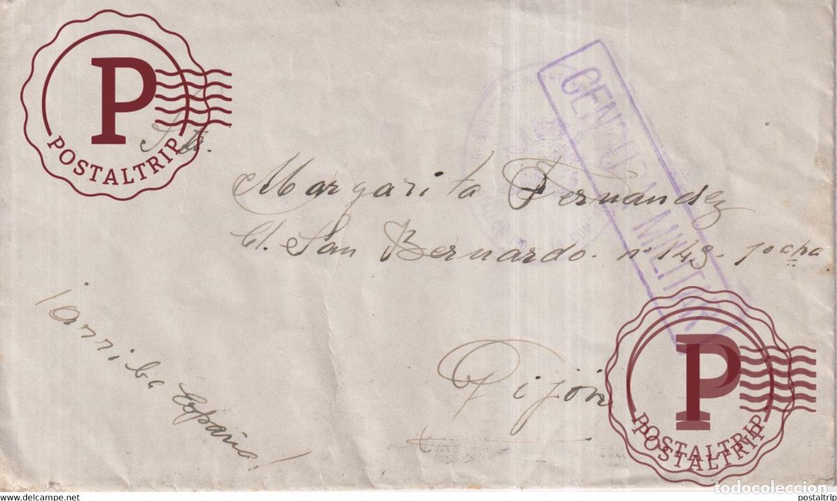 Sellos: CENSURA MILITAR GIJON REGIMENTO INFANTERIE TOLEDO 1939 ASTURIAS GUERRA CIVIL