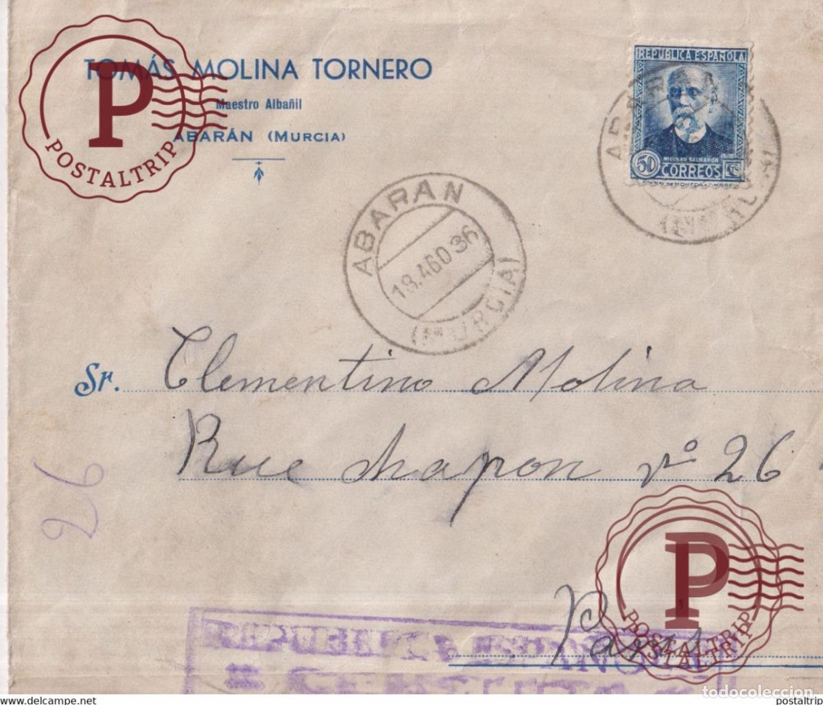 Sellos: ABARAN MURCIA 1936 A PARIS CENSURA GUERRA CIVIL