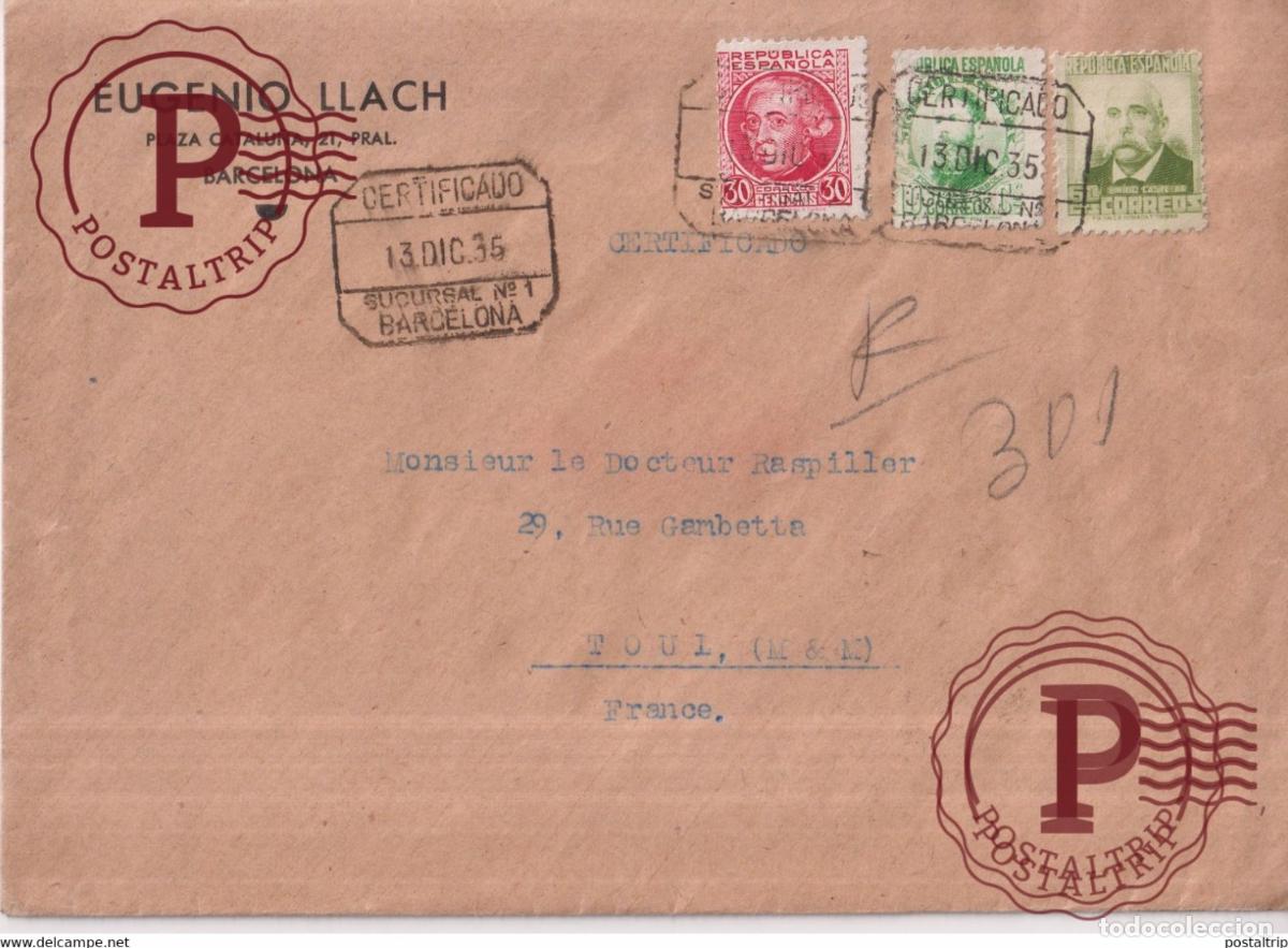 Sellos: 1935 EUGENIO LLACH CERTIFICADO BARCELONA A TOUL FRANCE SELLO LACRA