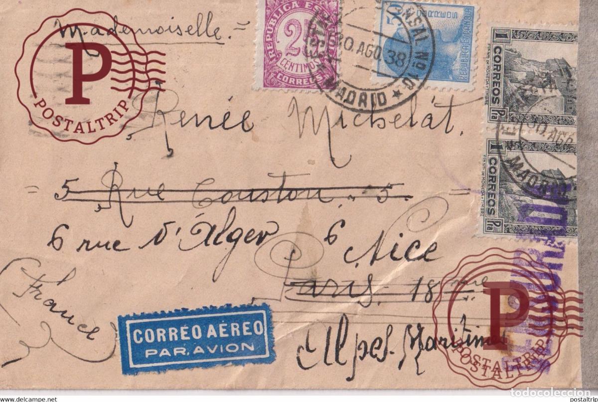 Sellos: 1938 CORREO AEREO MADRID A PARIS NICE ALPES MARITIME CENSURA PAR AVION GUERRE CIVIL