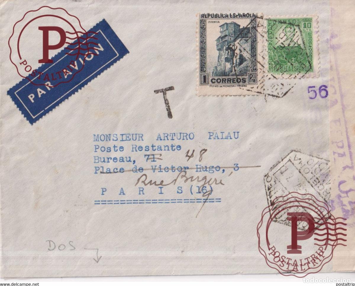 Selos: CORREO AEREO 1937 CENSURA PARIS PAR AVION GUERRE CIVIL