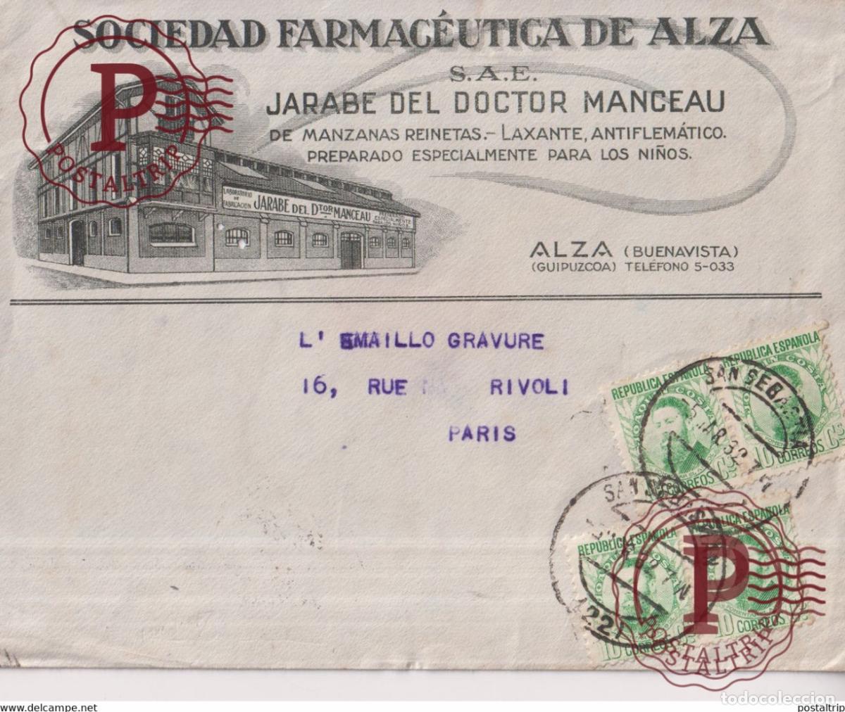 Selos: SOCIEDAD FARMACEUTICA DE ALZA BUENAVISTA GUIPUZCOA SAN SEBASTIAN A PARIS 1932