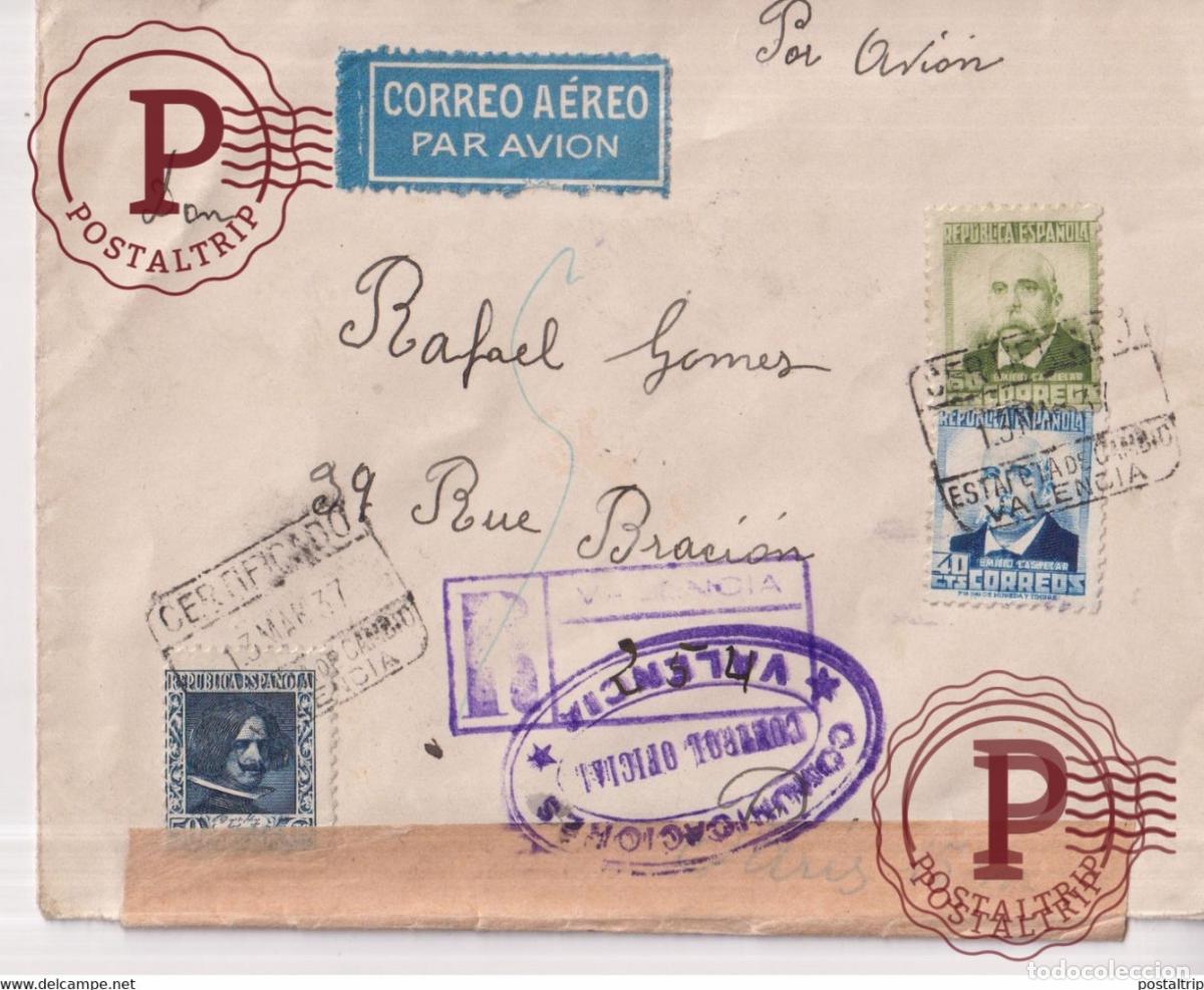 Selos: CERTIFICADO 1937 ESTAFETA DE CAMBIO VALENCIA A PARIS POR AVION CORREO AEREO GUERRA CIVIL