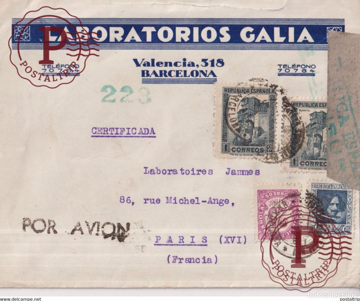 Selos: 1938 LABORATORIOS GALIA BARCELONA CERTIFICADA POR AVION A PARIS GUERRA CIVIL