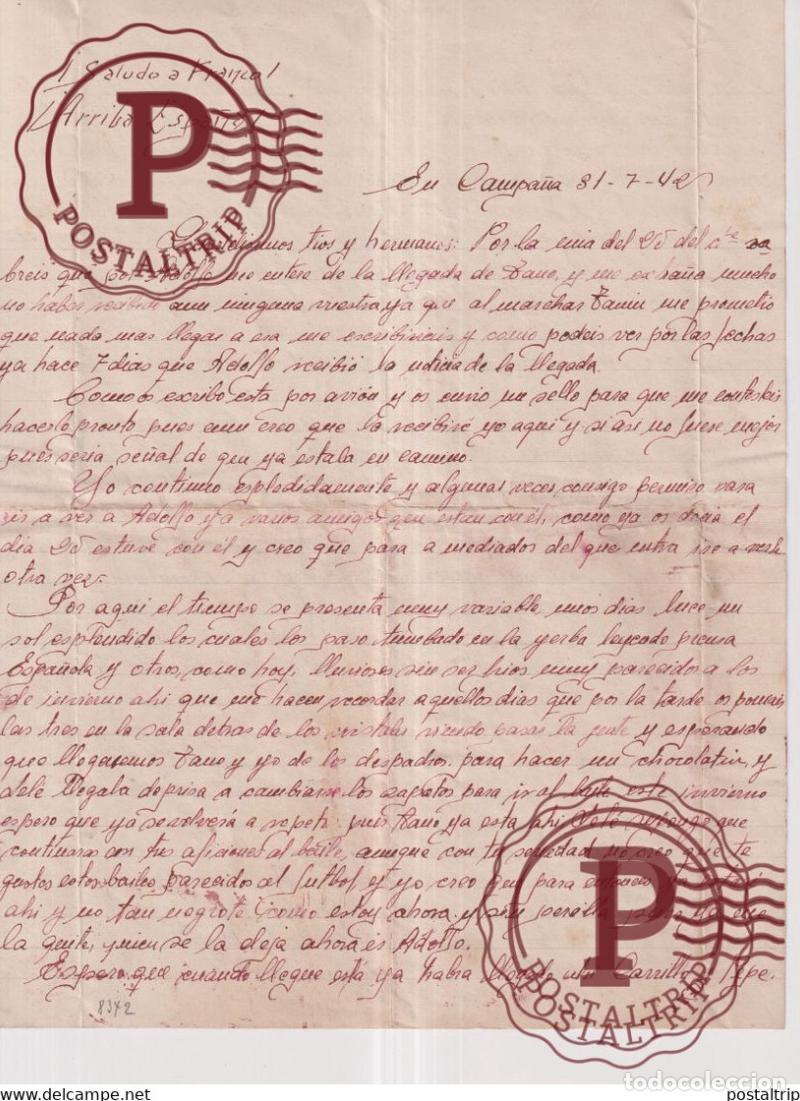 Selos: CARTA DE DIVISION AZUL EN CAMPA&Ntilde;A 1942 SALUDO A FRANCO ARRIBA ESPA&Ntilde;A Guerra civil espa&ntilde;ola ESPA