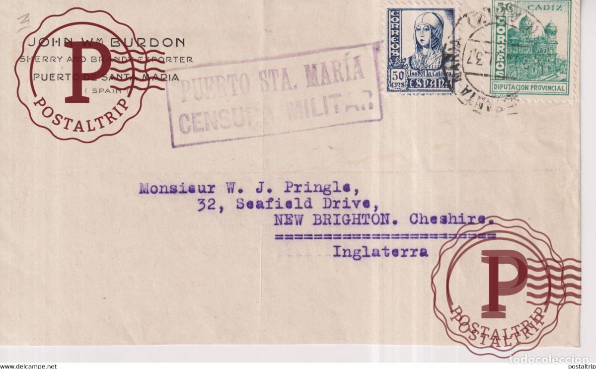 Selos: CENSURA MILITAR PUERTO SANTA MARIA CADIZ A NEW BRIGHTON INGLATERRA DIPUTACION PROVENCIAL Guerra ci