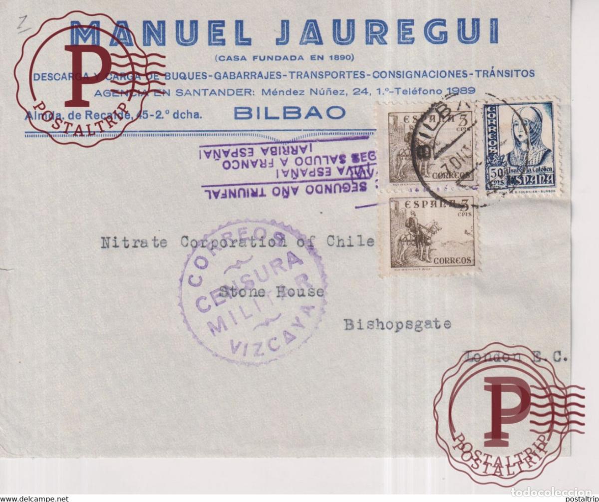 Selos: CENSURA MILITAR VISCAYA BILBAO SEGUNDO A&Ntilde;O TRIUNFAL SOLO TAPA Guerra civil espa&ntilde;ola ESPA&Ntilde;A