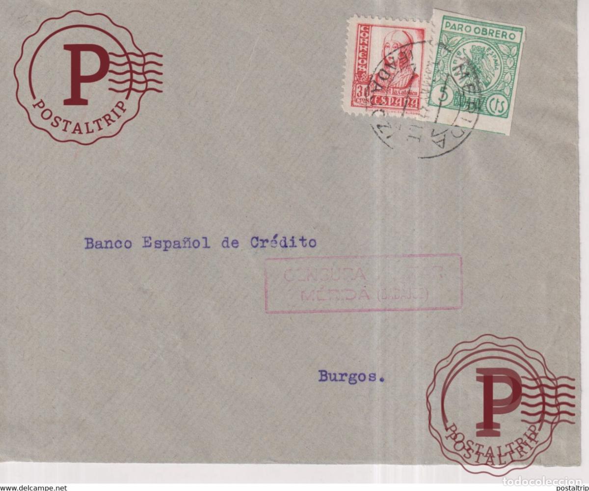 Sellos: CENSURA MILITAR MERIDA BADAJOZ EXTREMADURA A BURGOS 1937 SOLO FRONT Guerra civil espa&ntilde;ola ESPA&Ntilde;A
