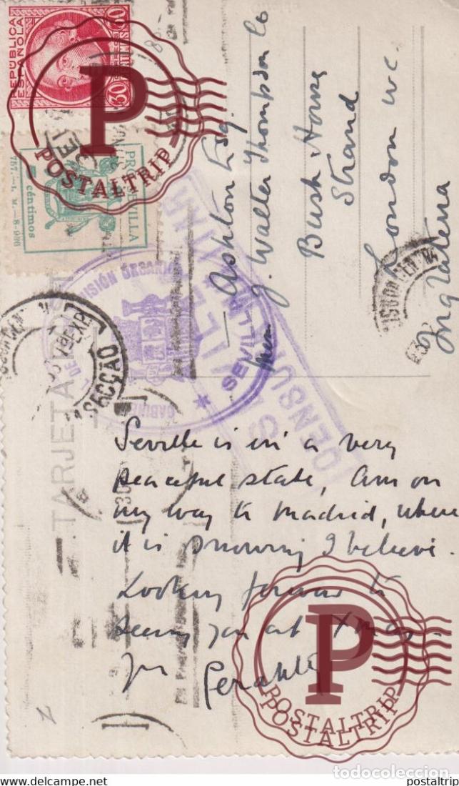 Sellos: CENSURA MILITAR SEVILLA CABINETA MIL DE LA 2DA DIVISION ORGANICO SEVILLA A LONDON LONDRES Guerra c