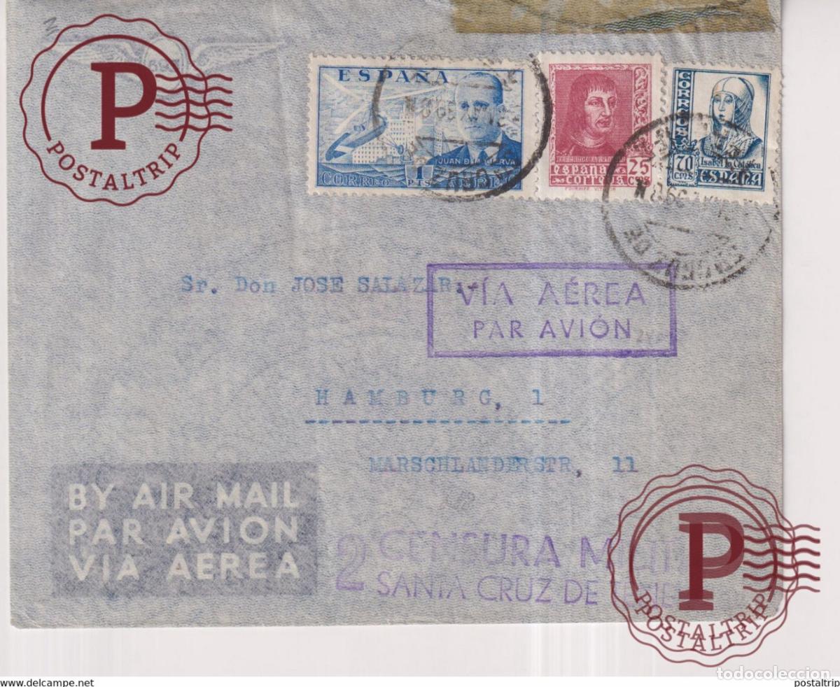 Sellos: 2 CENSURA MILITAR SANTA CRUZ DE TENERIFE VIA AEREA PAR AVION A ALEMANIA Guerra civil espa&ntilde;ola ESP