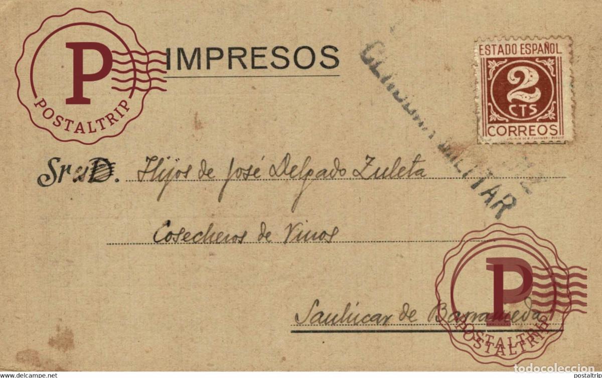 Sellos: TARJETA POSTAL. CENSURA MILITAR. ESTABLECIMIENTOS CERON Y LIBRERIA CERVANTES. CADIZ 1939