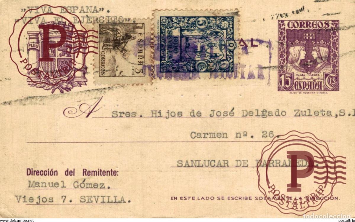 Sellos: TARJETA POSTAL. CENSURA MILITAR SEVILLA. SELLO PRO SEVILLA 1938