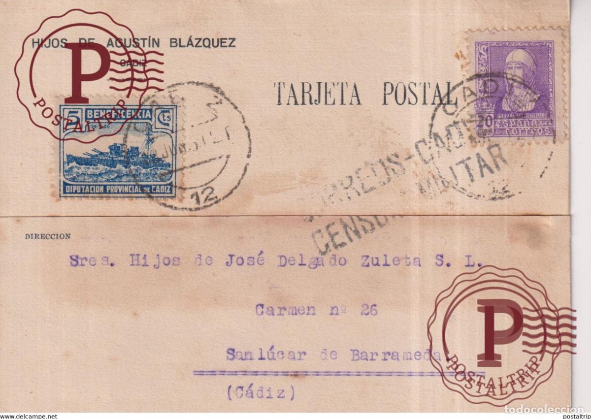 Sellos: TARJETA POSTAL HIJOS DE AGUSTIN BLAZQUEZ. CADIZ. CENSURA MILITAR 1939
