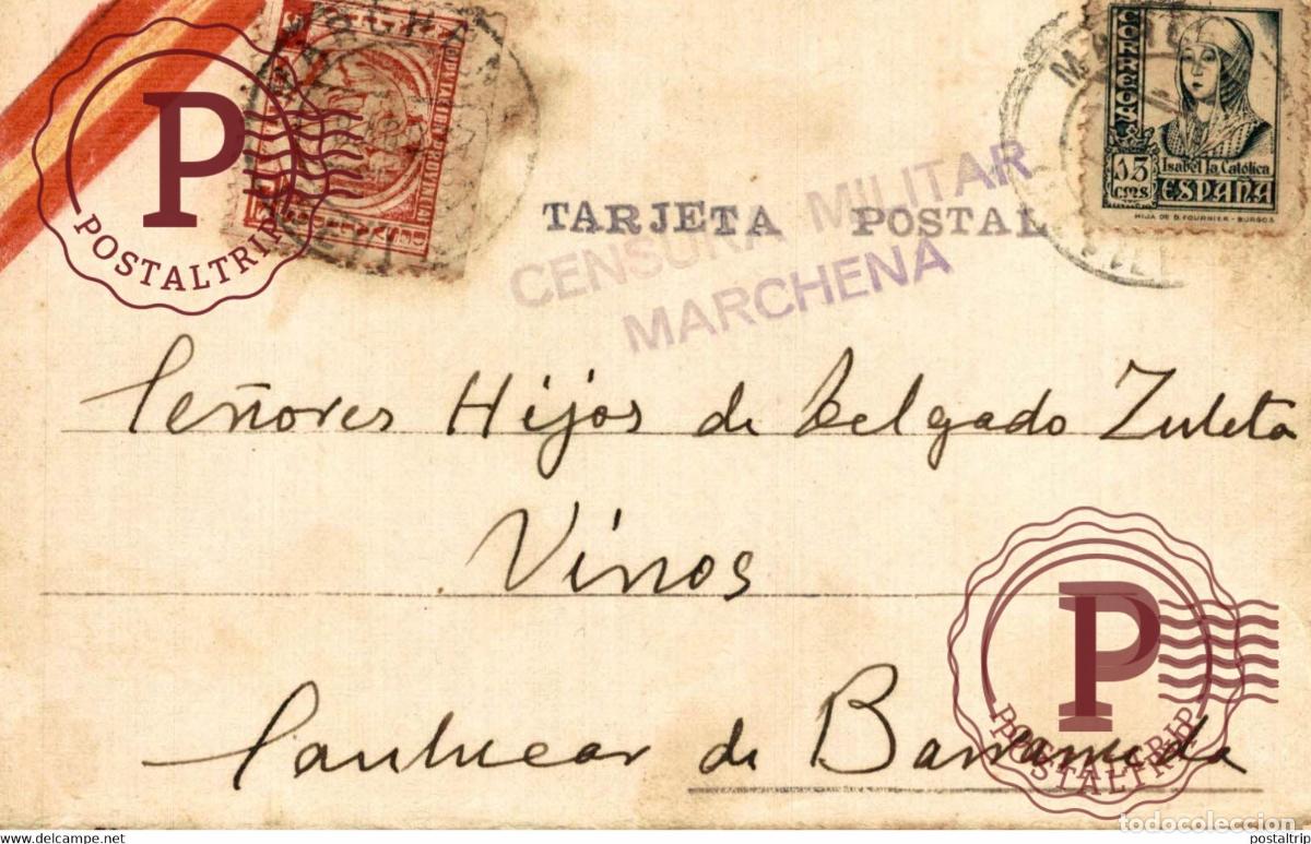 Sellos: CENSURA MILITAR MARCHENA GUERRA CIVIL ESPA&Ntilde;A Sanl&uacute;car de Barrameda SELLO SEVILLA CADIZ ESPAGE SPAI