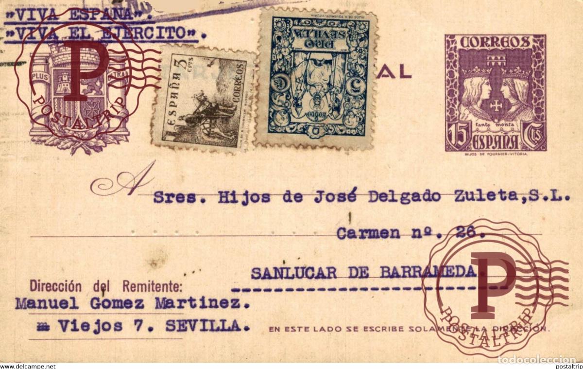 Sellos: CENSURA MILITAR PRO SEVILLA VIVA ESPA&Ntilde;A EL EJERCITO GUERRA CIVIL ESPA&Ntilde;A Sanl&uacute;car de BarramedACADIZ