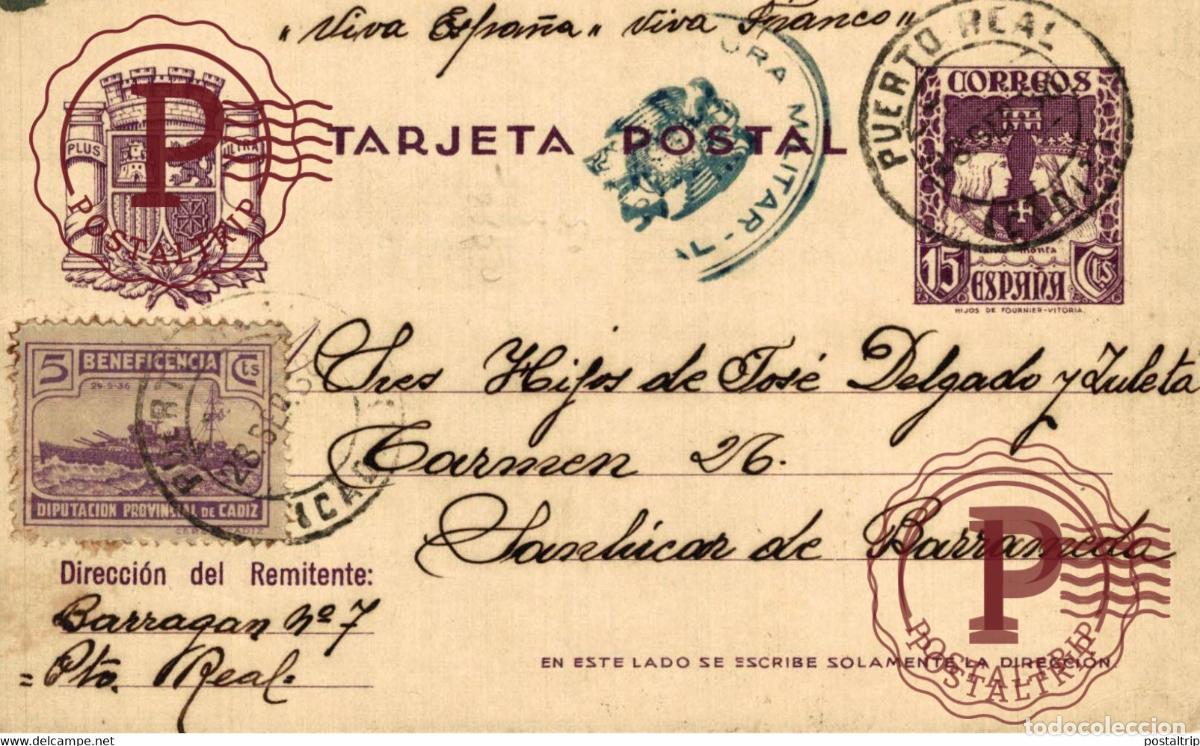 Sellos: CENSURA MILITAR PUERTO REAL GUERRA CIVIL ESPA&Ntilde;A Sanl&uacute;car de BarramedA CADIZ ESPAGE SPAIN
