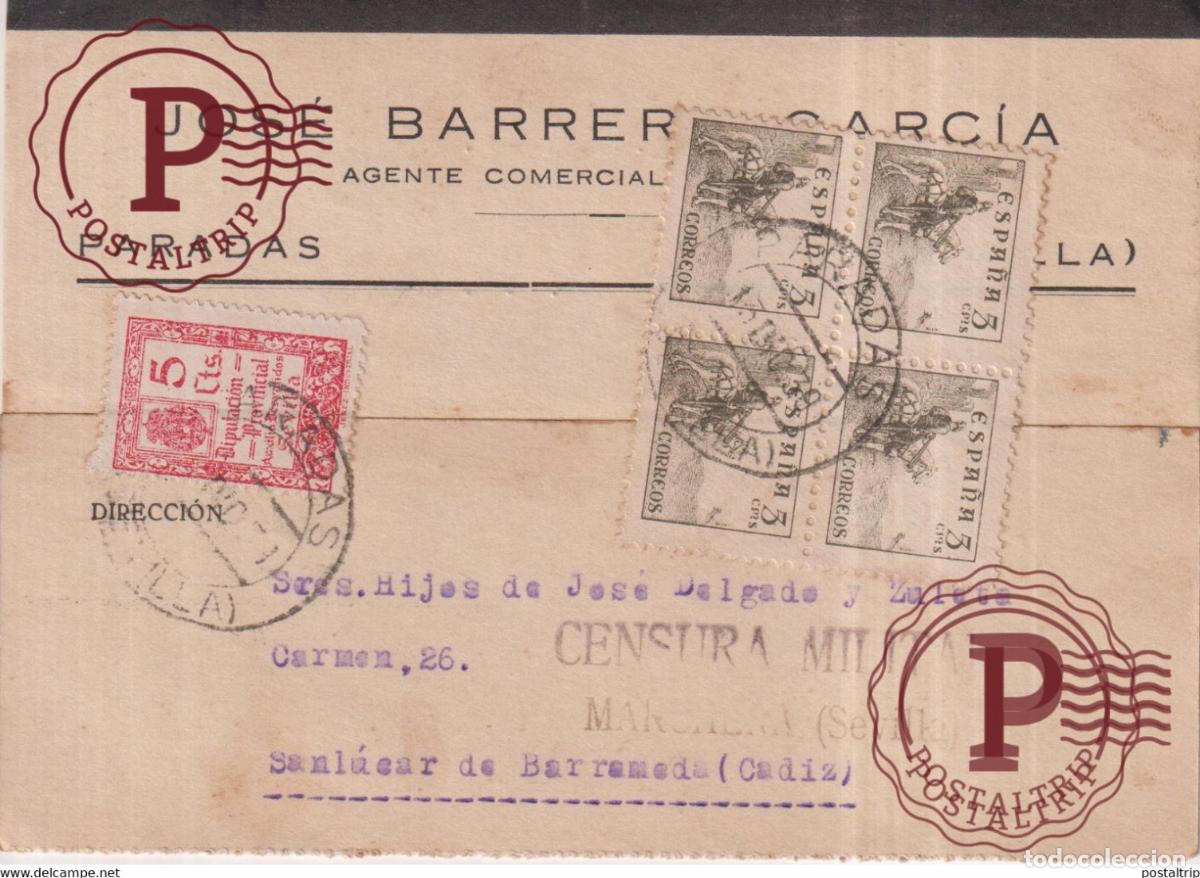 Sellos: CENSURA MILITAR MARACHENA PARADAS GUERRA CIVIL ESPA&Ntilde;A Sanl&uacute;car de BarramedA CADIZ ESPAGE SPAIN