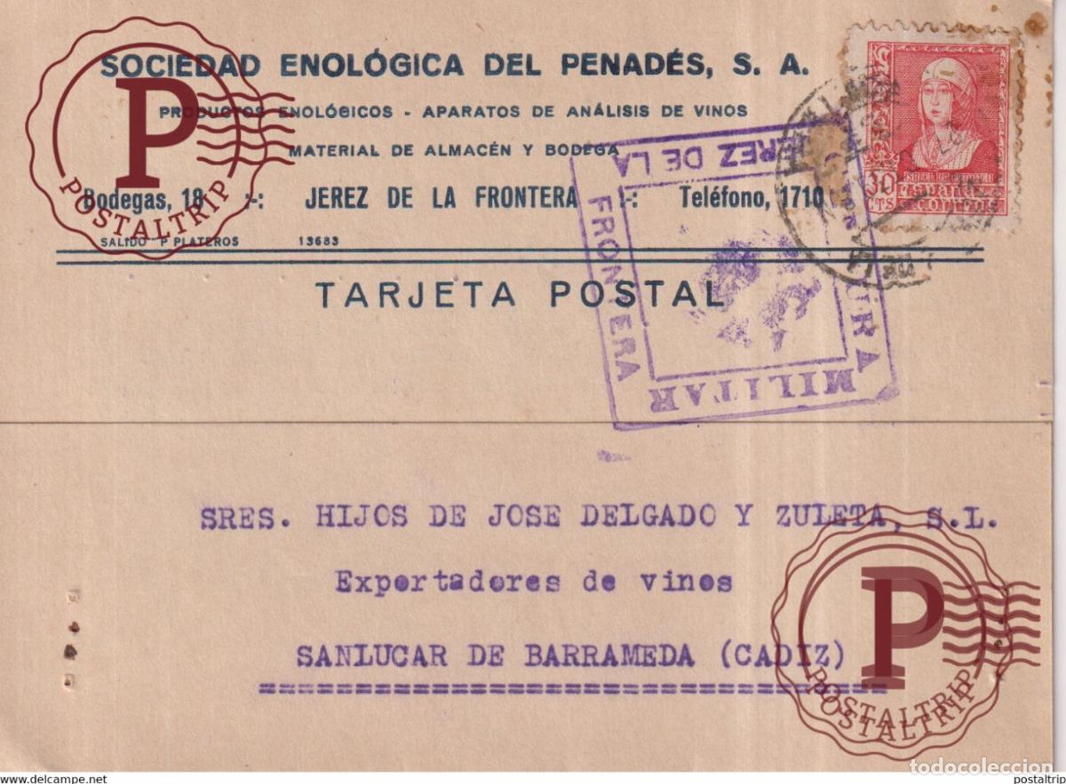 Sellos: CENSURA MILITAR JEREZ DE LA FRONTERA S ENOLOGICA GUERRA CIVIL ESPA&Ntilde;A Sanl&uacute;car de Barrameda CADIZ ES