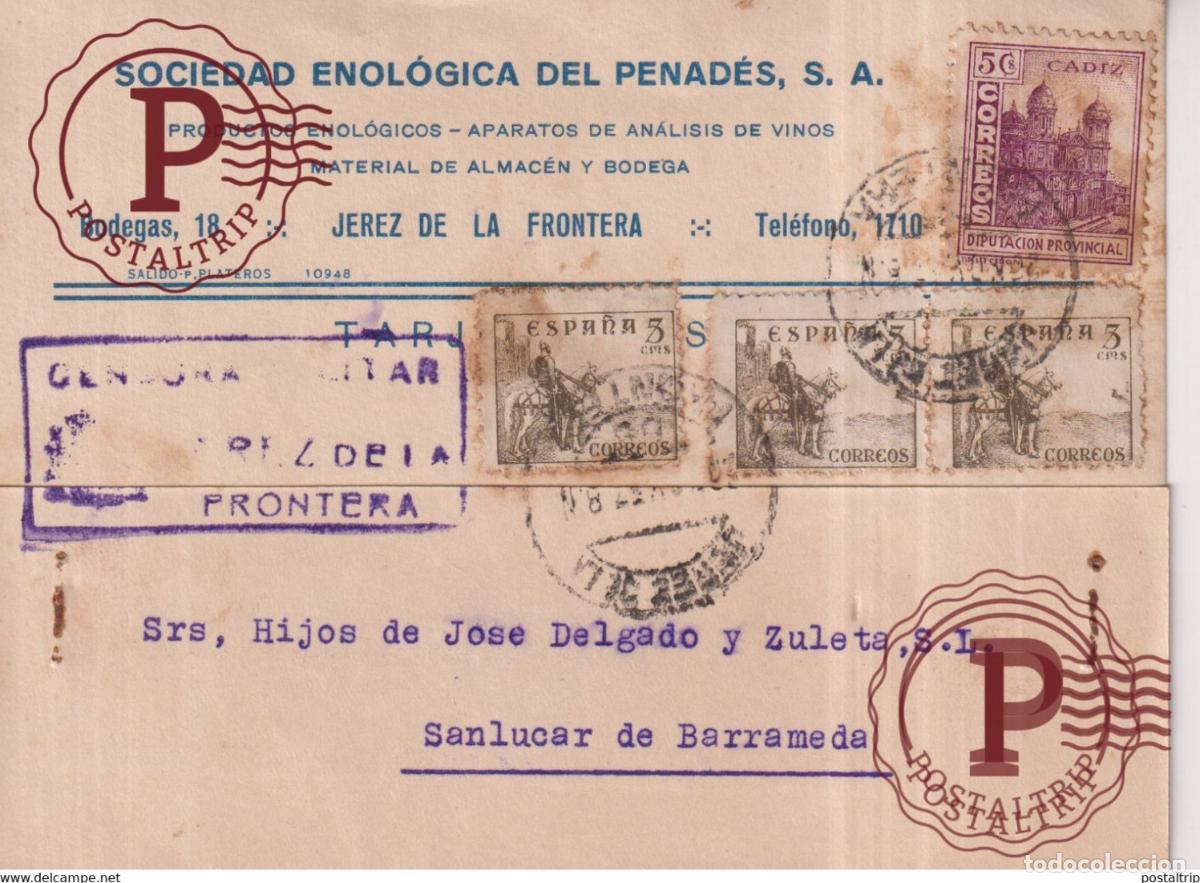Sellos: CENSURA MILITAR JEREZ DE LA FRONTERA S ENOLOGICA GUERRA CIVIL ESPA&Ntilde;A Sanl&uacute;car de Barrameda CADIZ ES