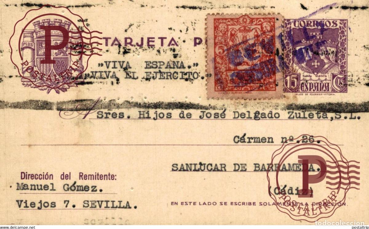 Sellos: CENSURA MILITAR SEVILLA GUERRA CIVIL ESPA&Ntilde;A Sanl&uacute;car de Barrameda CADIZ ESPAGE SPAIN
