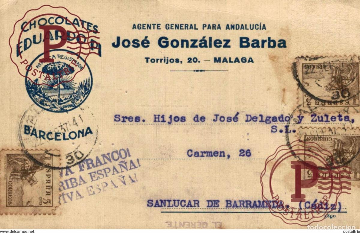 Sellos: CENSURA MILITAR CHOCOLATES EDUARDO PI VIVA FRANCO PUBLI GUERRA CIVIL ESPA&Ntilde;A Sanl&uacute;car de Barrameda C