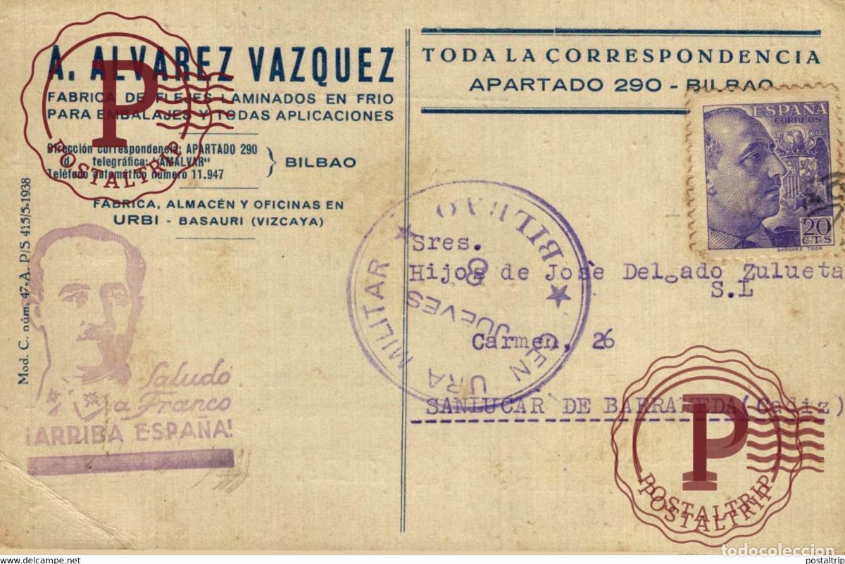 Sellos: CENSURA MILITAR BILBAO URBI BASAURI VIZCAYA GUERRA CIVIL ESPA&Ntilde;A Sanl&uacute;car de Barrameda CADIZ ESPAGE
