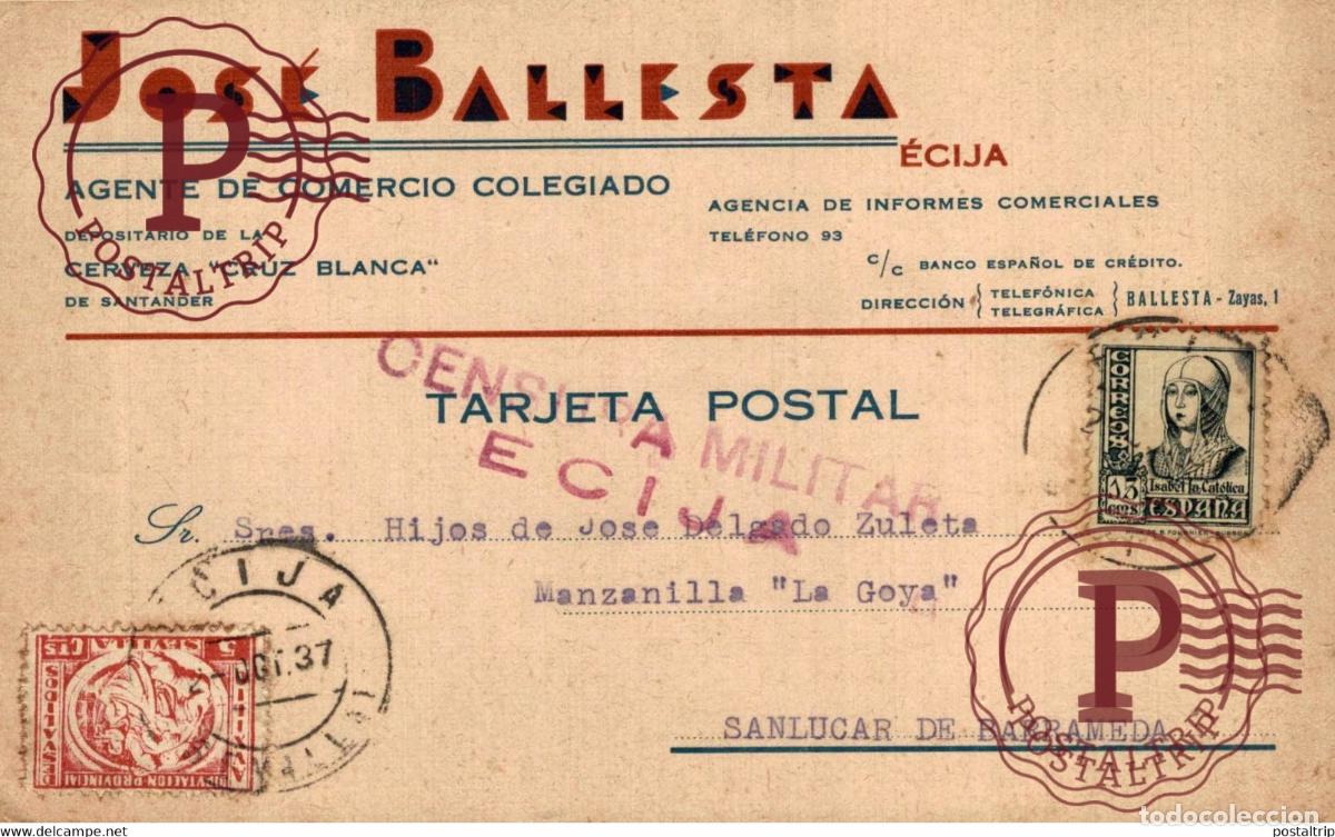 Sellos: CENSURA MILITAR ECIJA JOSE BALLESTA CRUZ BLANCA GUERRA CIVIL ESPA&Ntilde;A Sanl&uacute;car de Barrameda CADIZ ES