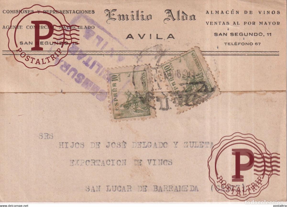 Sellos: CENSURA MILITAR AVILA EMILIO ALDA GUERRA CIVIL ESPA&Ntilde;A Sanl&uacute;car de Barrameda CADIZ ESPAGE SPAIN