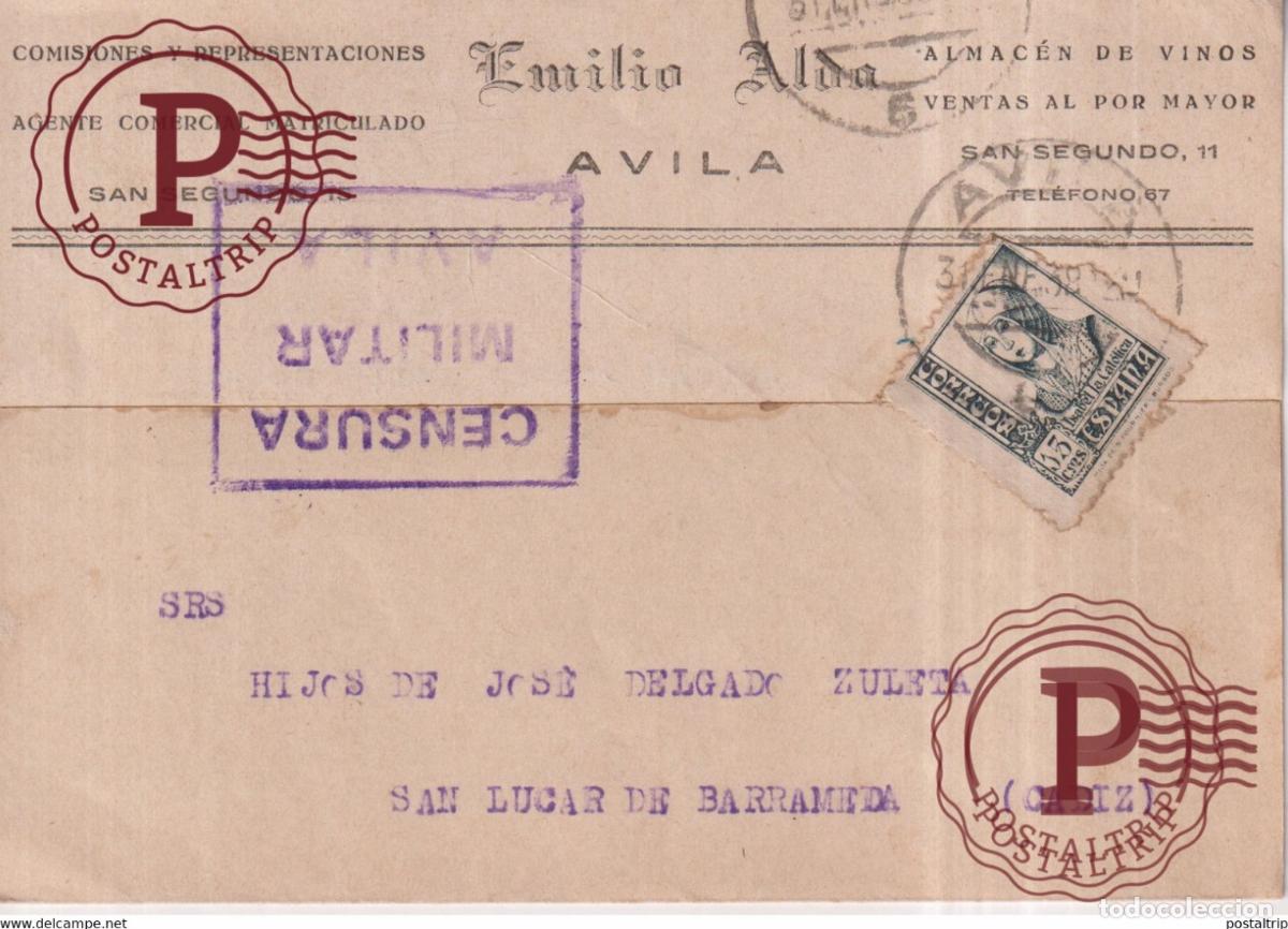 Sellos: CENSURA MILITAR AVILA EMILIO ALDA GUERRA CIVIL ESPA&Ntilde;A Sanl&uacute;car de Barrameda CADIZ ESPAGE SPAIN