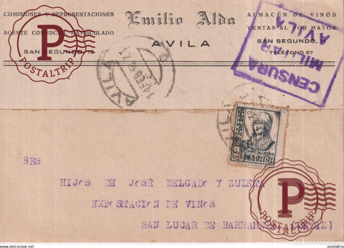 Sellos: CENSURA MILITAR AVILA EMILIO ALDA GUERRA CIVIL ESPA&Ntilde;A Sanl&uacute;car de Barrameda CADIZ ESPAGE SPAIN