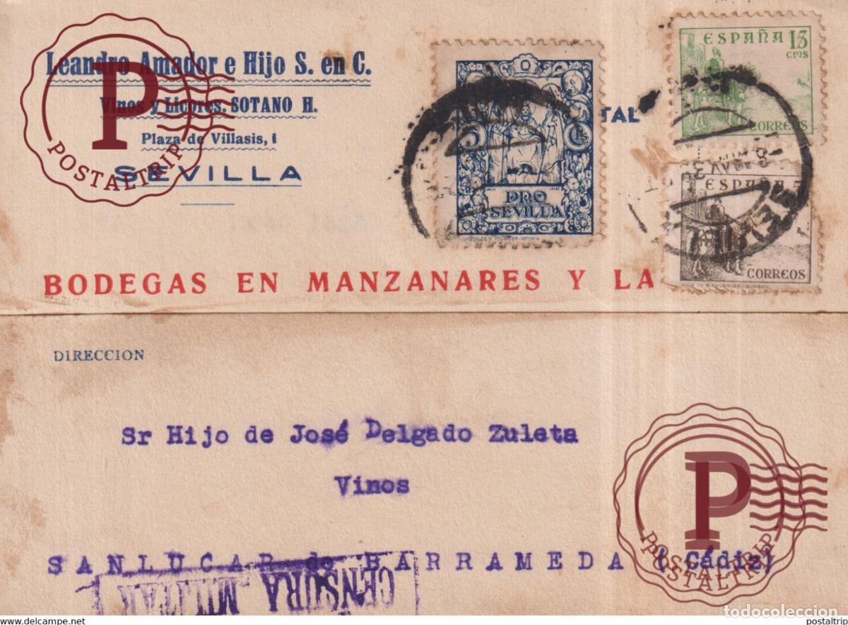 Sellos: CENSURA MILITAR LEANDRO AMADOR E HIJOS SEVILLA GUERRA CIVIL ESPA&Ntilde;A Sanl&uacute;car de Barrameda CADIZ ESPA