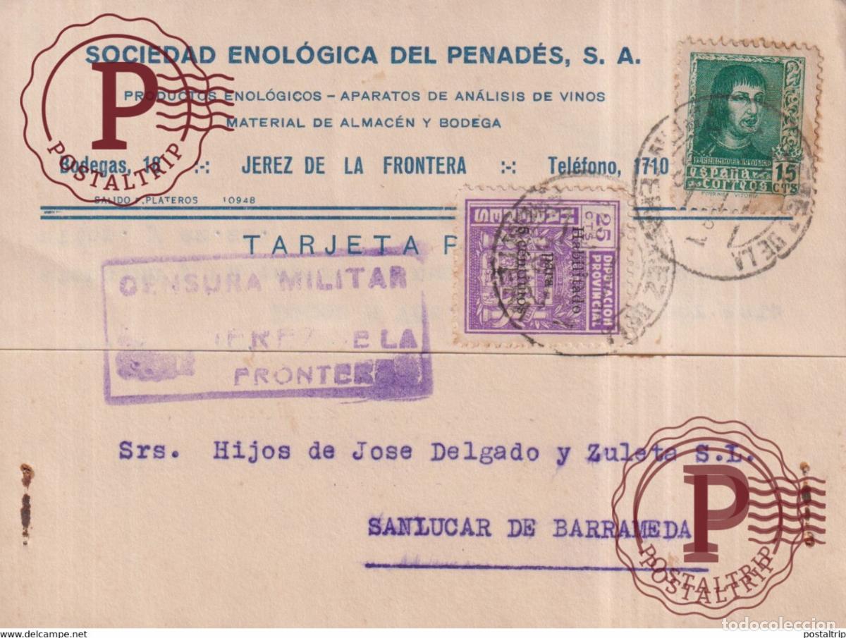 Sellos: CENSURA MILITAR JEREZ DE LA FRONTERA ENOLOGICA GUERRA CIVIL ESPA&Ntilde;A Sanl&uacute;car de Barrameda CADIZ ESPA