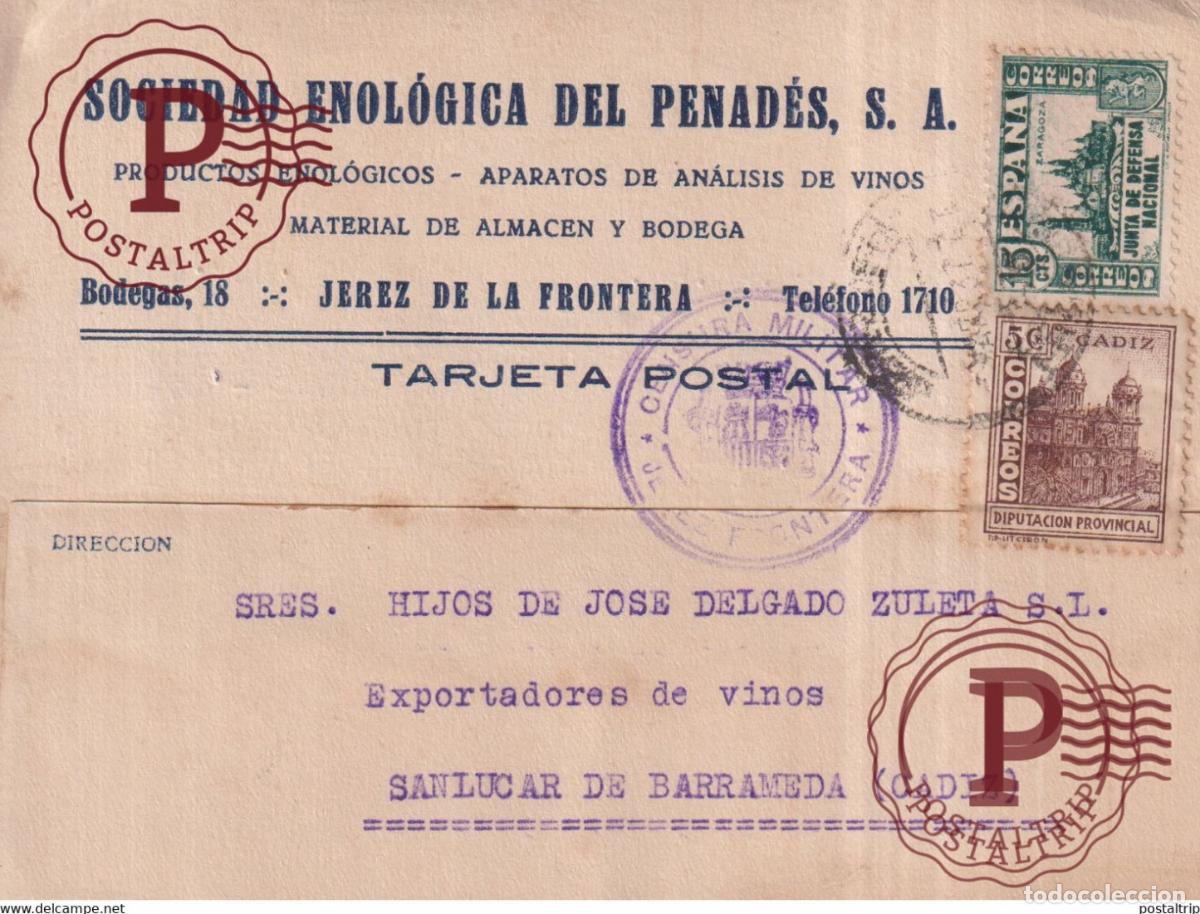Sellos: CENSURA MILITAR JEREZ DE LA FRONTERA ENOLOGICA GUERRA CIVIL ESPA&Ntilde;A Sanl&uacute;car de Barrameda CADIZ ESPA
