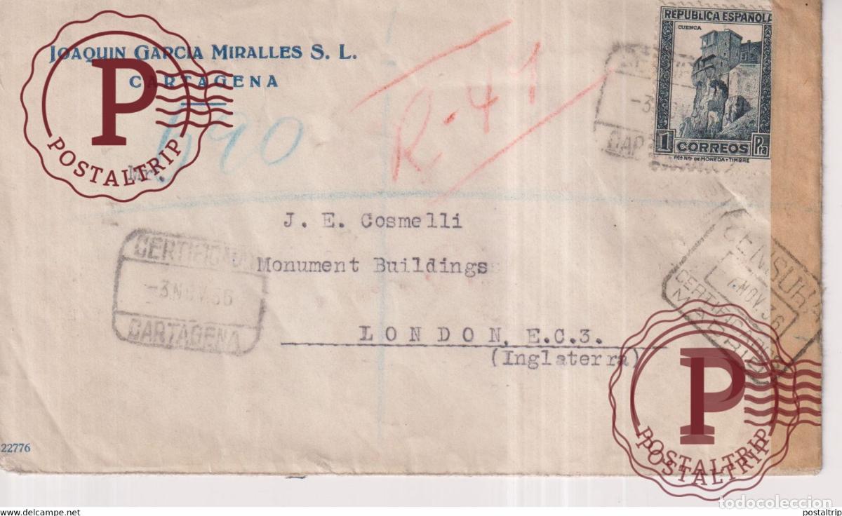 Sellos: CERTIFICADO CARTAGENA CENSURA CERTIFICADOS MADRID LONDON 1936 16*10CM Republicanos exilio Guerra ci