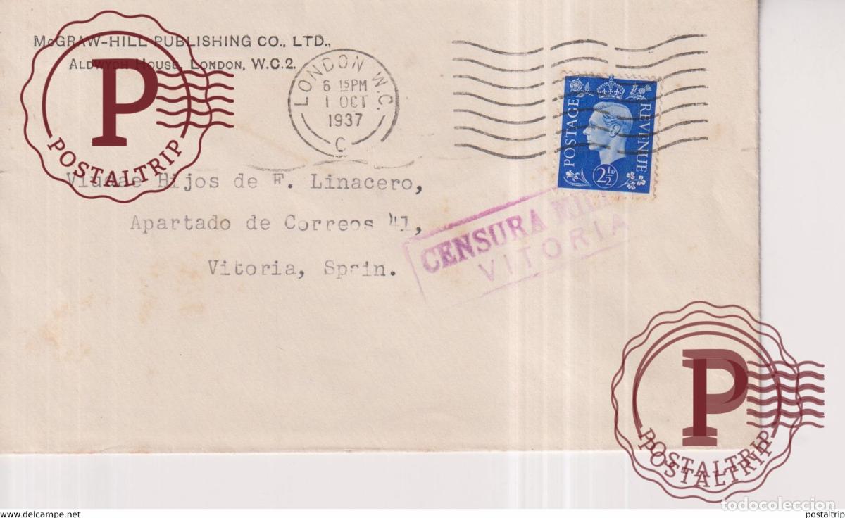 Sellos: 1937 DE LONDRES A VITORIA ESPA&Ntilde;A CENSURA MILITAR 16*10CM Republicanos exilio Guerra civil espa&ntilde;ola