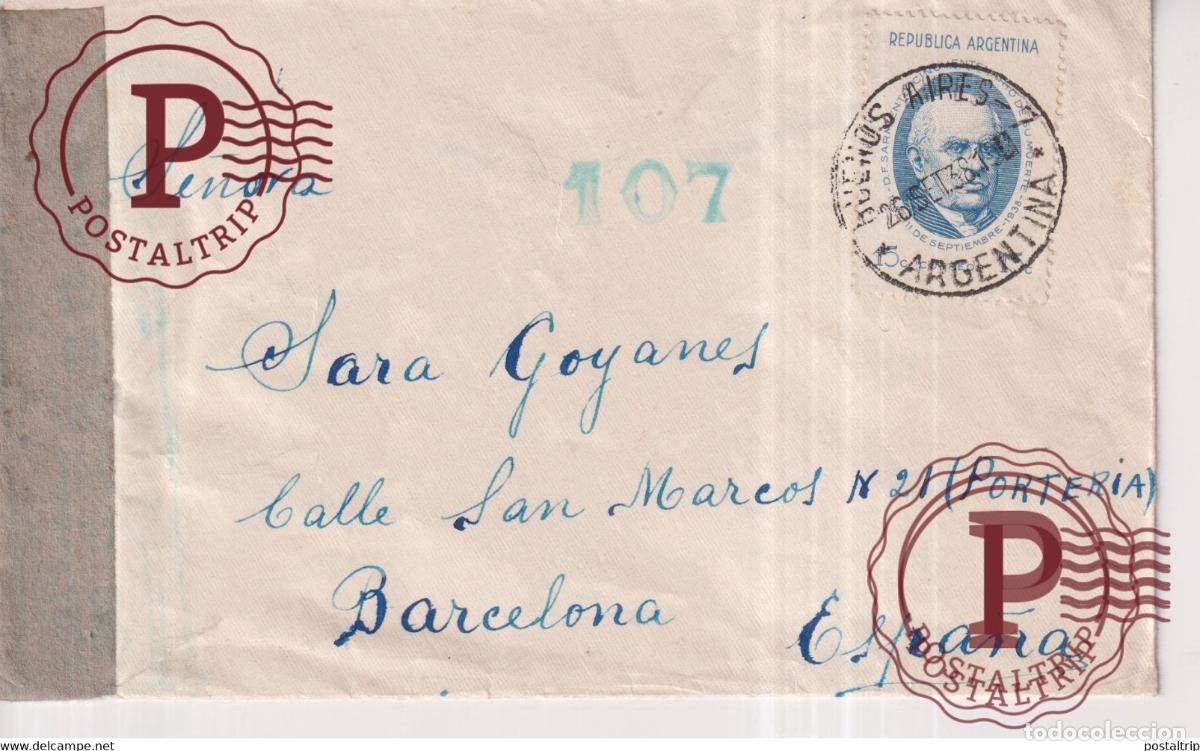 Sellos: 1938 BUENOS AIRES ARGENTINA A BARCELONA 107 CENCURA REPUBLICA ESPA&Ntilde;OLA Republicanos exilio Guerra ci