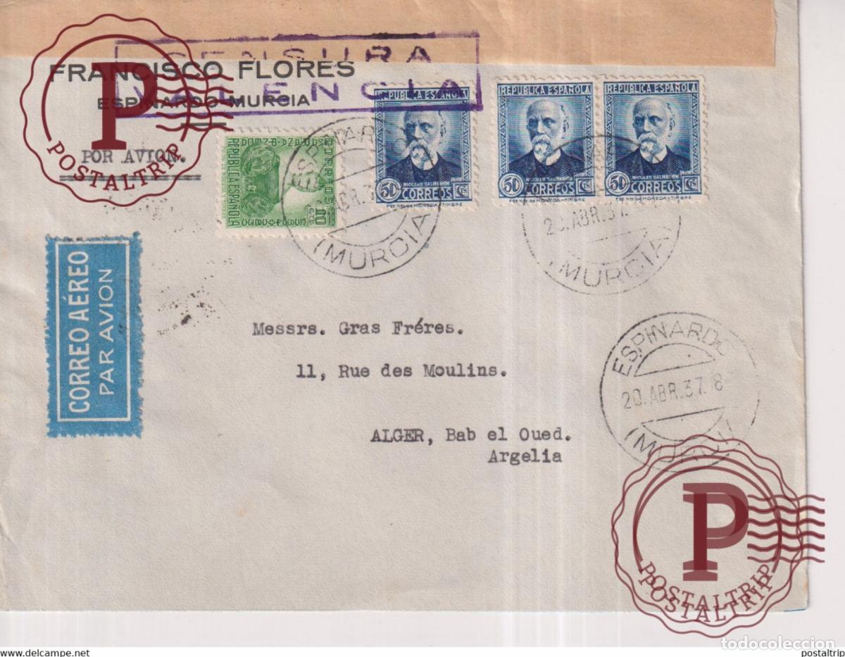 Sellos: 1937 ARGELIA ALGERIE CENSURA VALENCIA ESPINARDO MURCIA CORREO AEREO Republicanos exilio Guerra civi