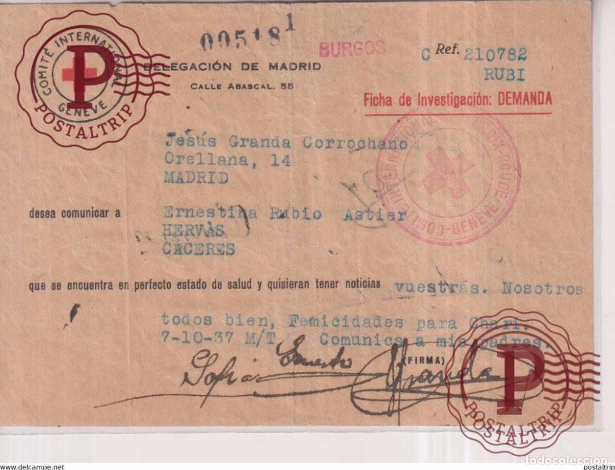 Sellos: COMITE INTERNATIONAL GENEVE MADRID A HERVAS CACERES EXTREMADURA BURGOS NACI Republicanos exilio G