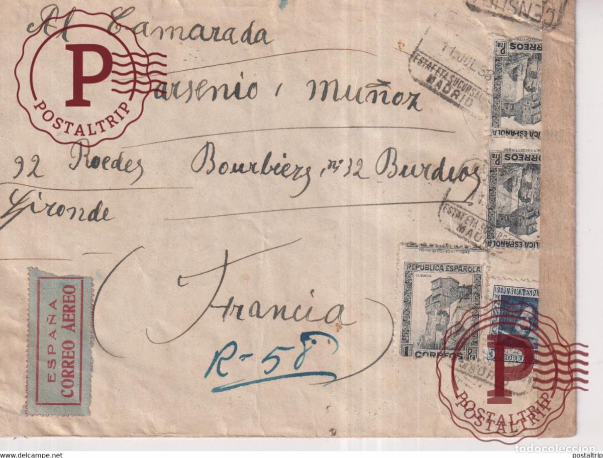 Sellos: REFUGIADOS EN FRANCIA CORREO AEREO MADRID A BORDEAUX GIRONDE CENSURADA Republicanos exilio Guerra