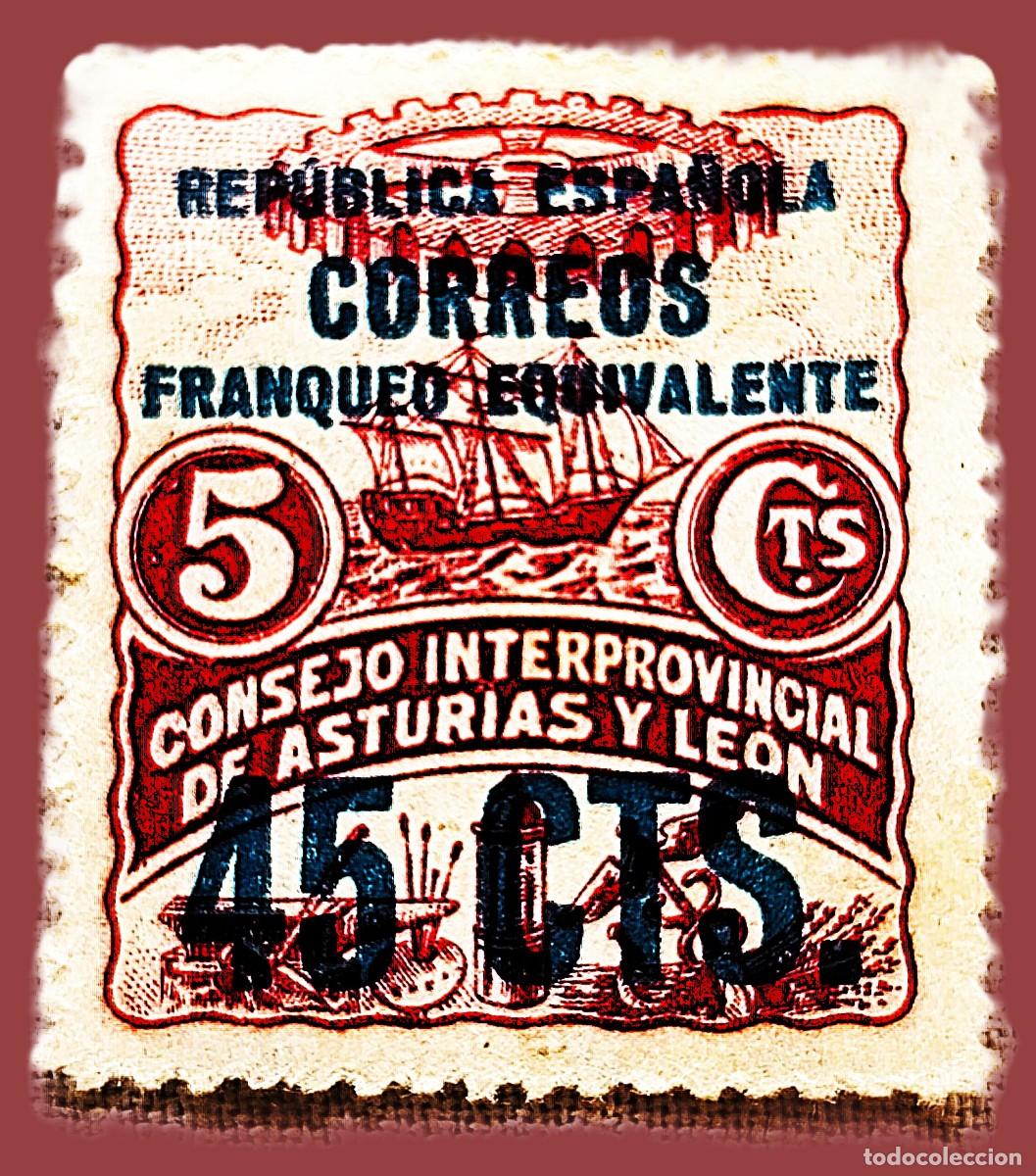 Sellos: Consejo Asturias y Leon 5 cts. Sobrecargado 45 cts.en azul.