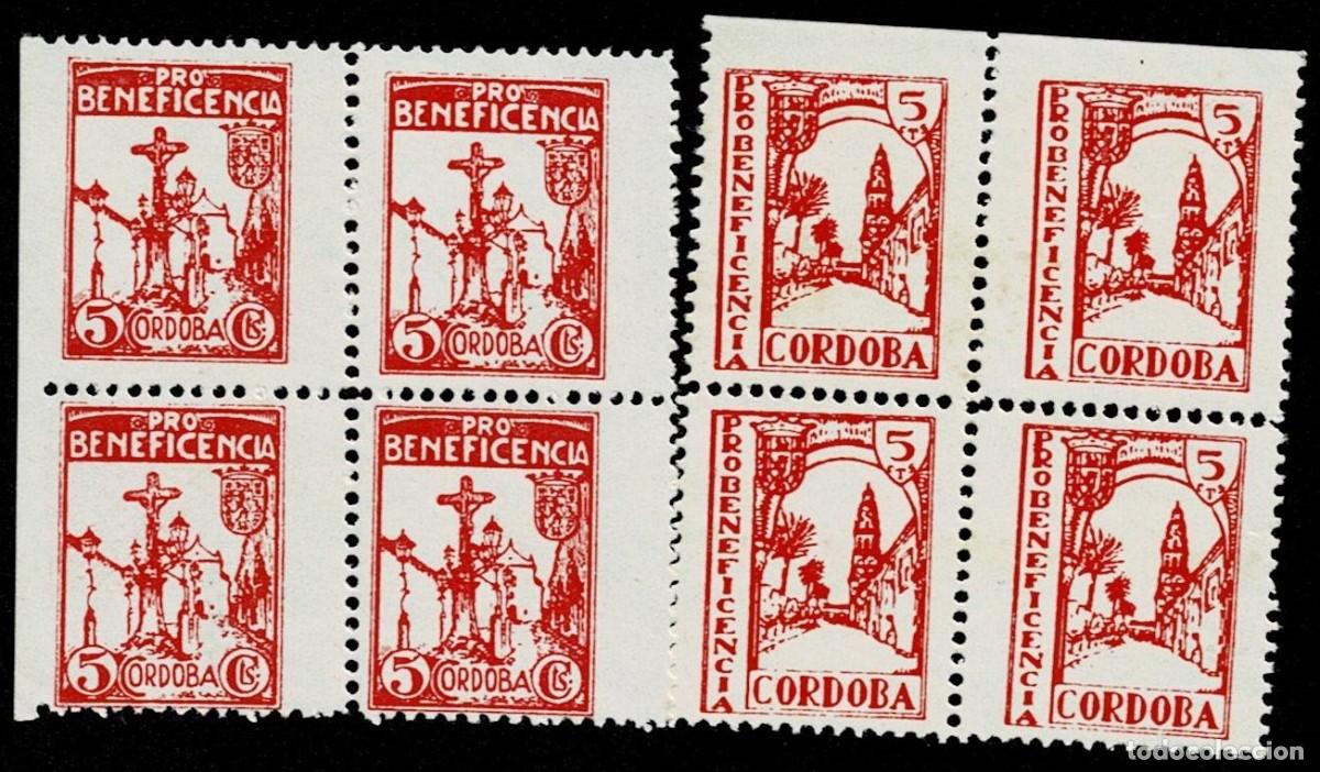 Sellos: Guerra Civil CORDOBA Pro BENEFICENCIA Fesofi n&ordm; 27-28 Serie completa en BLOQUE DE 4 Papel DELMEINA