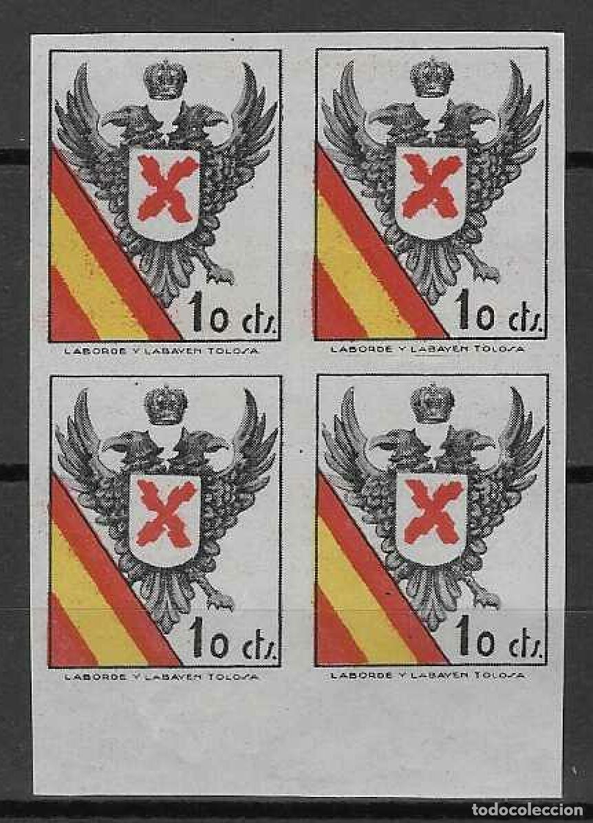 Sellos: TOLOSA. LABORDE Y LABAYEN. SELLO CARLISTA (BLOQUE DE 4). SIN DENTAR. MNH **