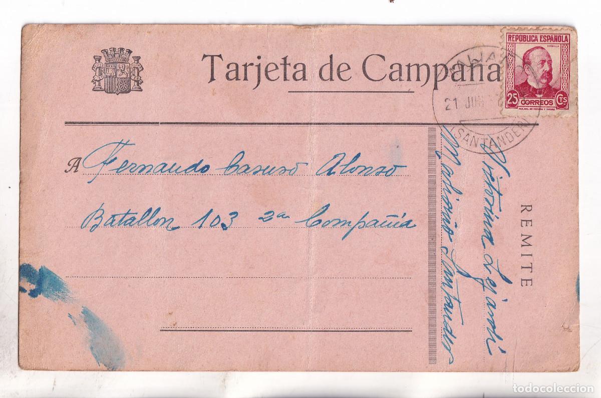 Sellos: TARJETA DE CAMPA&Ntilde;A. MALIA&Ntilde;O DE CAMARGO. CANTABRIA. 1937. A UN SOLDADO REPUBLICANO