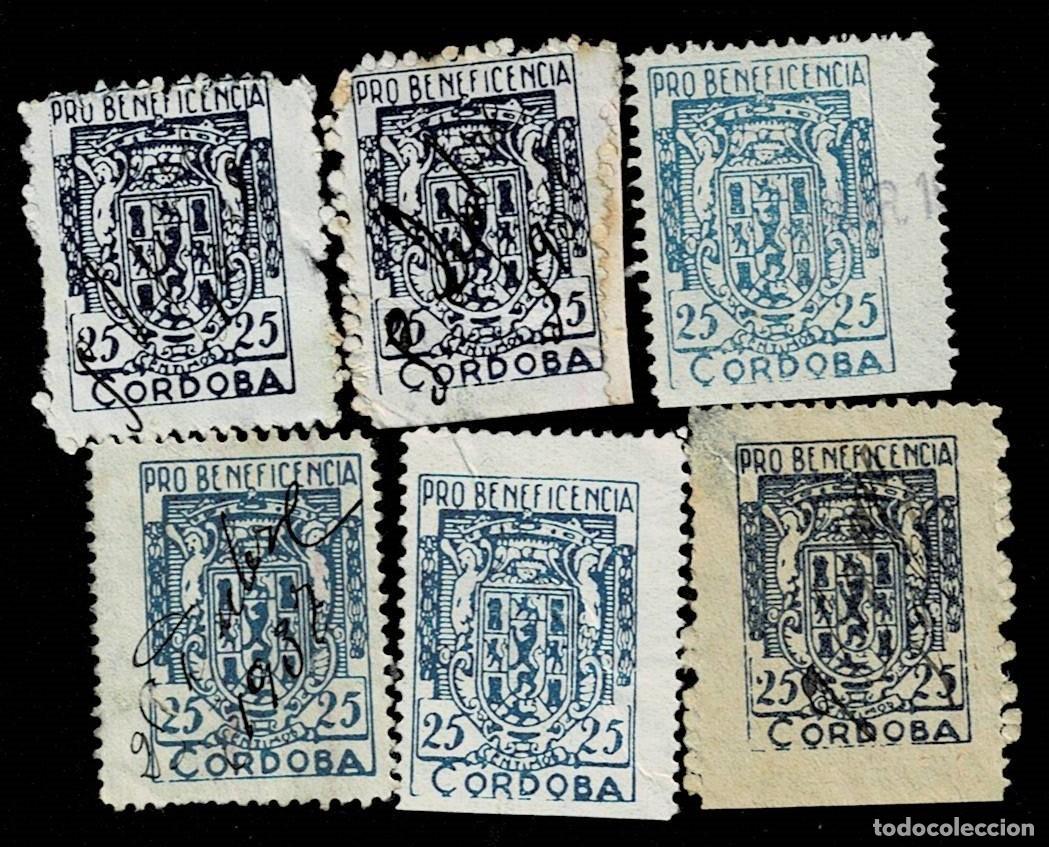 Sellos: Guerra Civil CORDOBA Pro BENEFICENCIA Fesofi n&ordm; 17 Y 21 Valor 25 cts. Distintos tipo de PAPEL y COL