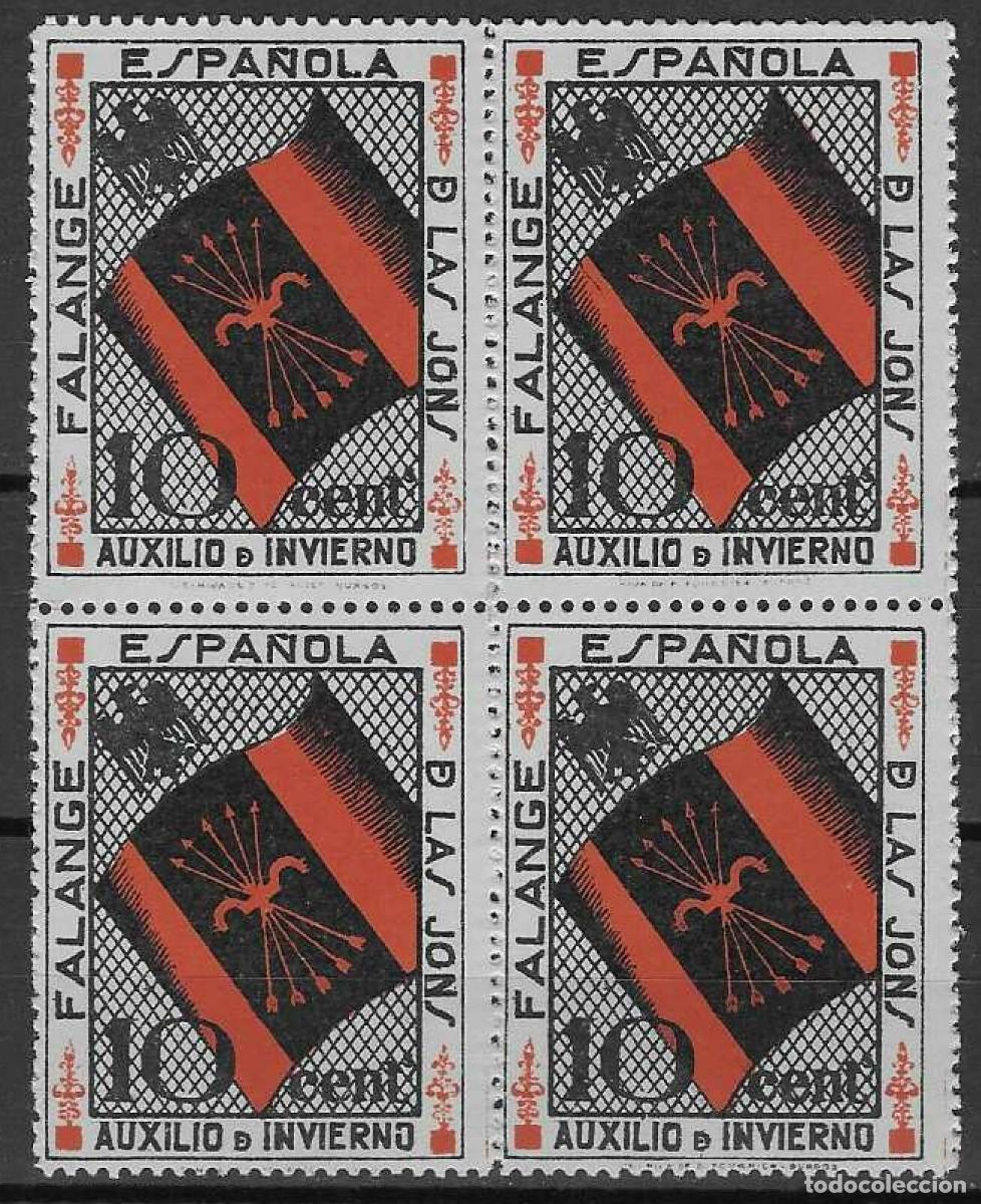 Sellos: AUXILIO DE INVIERNO. FALANGE ESPA&Ntilde;OLA DE LAS JONS. BANDERA DE FALANGE Y &Aacute;GUILA. 10 CTS. ALLEPUZ 14.