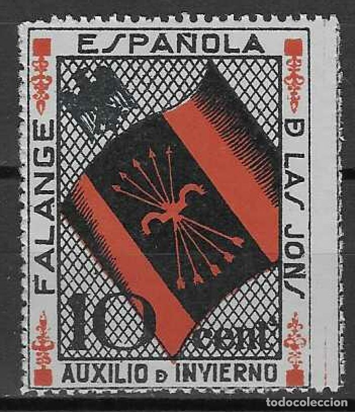 Sellos: AUXILIO DE INVIERNO. FALANGE ESPA&Ntilde;OLA DE LAS JONS. BANDERA DE FALANGE Y &Aacute;GUILA. 10 CTS. ALLEPUZ 14.
